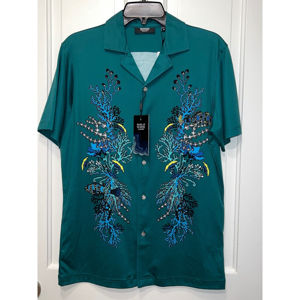 Murano Liquid Luxury Slim Fit Shirt Shape of Water Teal Coral Print Mens M NWT